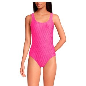 Land’s End Sz 12 Tugless Bright Pink Feminine Textured One-Piece Swimsuit